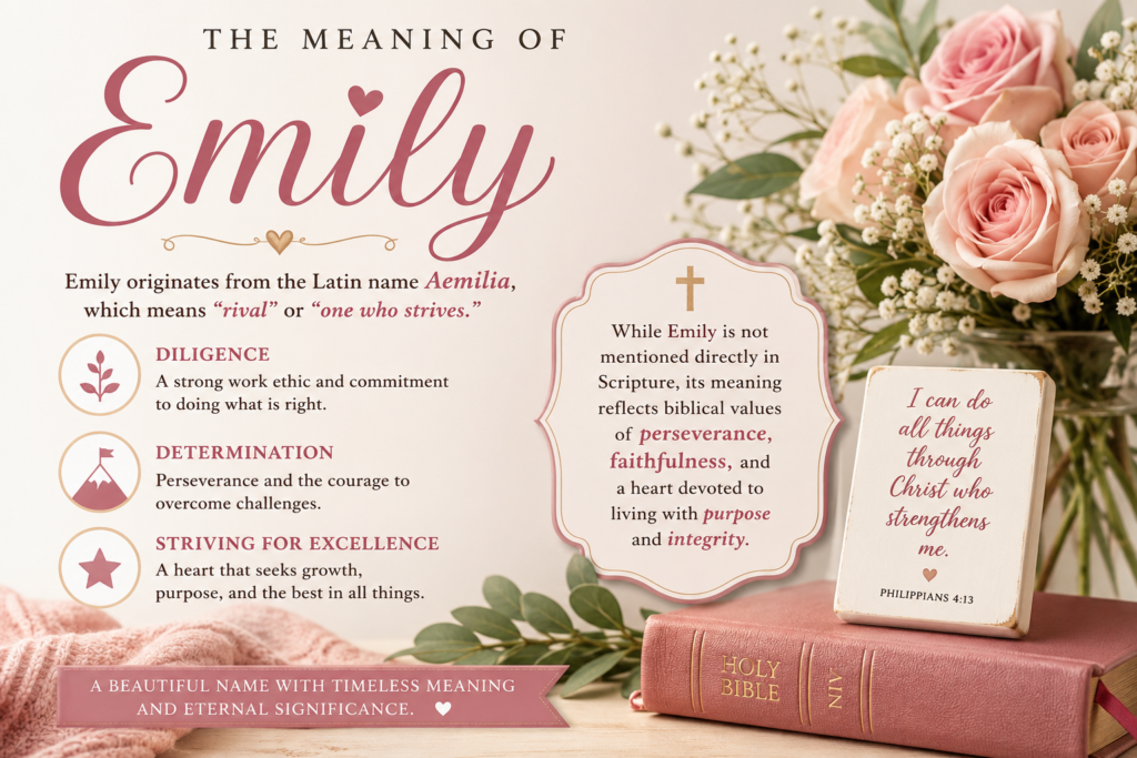 Decorative infographic titled “The Meaning of Emily” in soft pink, cream, and gold tones. The name “Emily” appears in large cursive lettering at the center-left. Text explains that Emily originates from the Latin name Aemilia and is associated with diligence, determination, and striving for excellence. Three illustrated icons accompany these traits: a plant for diligence, a mountain flag for determination, and a star for excellence. On the right, a framed message highlights Christian values such as perseverance, faithfulness, purpose, and integrity. A small plaque displays the verse reference Philippians 4:13. The background features pink roses, baby’s breath flowers, greenery, a pink Holy Bible, and soft fabric accents, creating a warm, femin