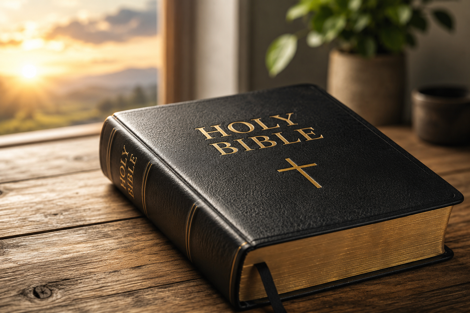 Open Bible resting on a wooden table with warm golden light illuminating its pages, symbolizing faith, scripture, spiritual guidance, and Christian teachings. Peaceful background with soft focus and inspirational atmosphere.