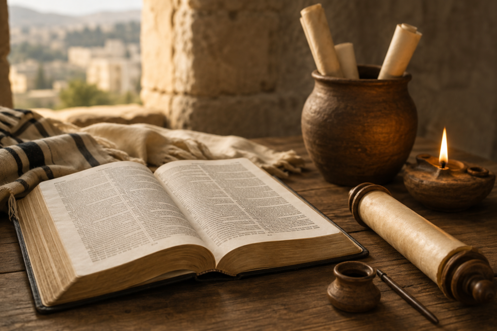 An open Bible rests on a rustic wooden table in a warmly lit ancient-style room. Beside it are rolled parchment scrolls, a small ink pot with a quill, and a clay oil lamp with a glowing flame. Soft sunlight filters through a window in the background, illuminating stone walls and creating a contemplative, historical atmosphere. No text or title appears in the image.