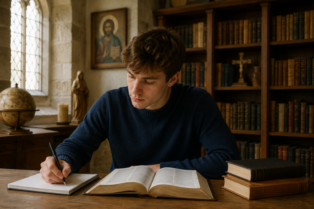A young scholar sits at a wooden desk in a historic stone study, writing notes beside an open book. Soft daylight streams through arched windows, illuminating shelves filled with old books, a globe, and Christian religious artwork in the background, creating a quiet and contemplative atmosphere.