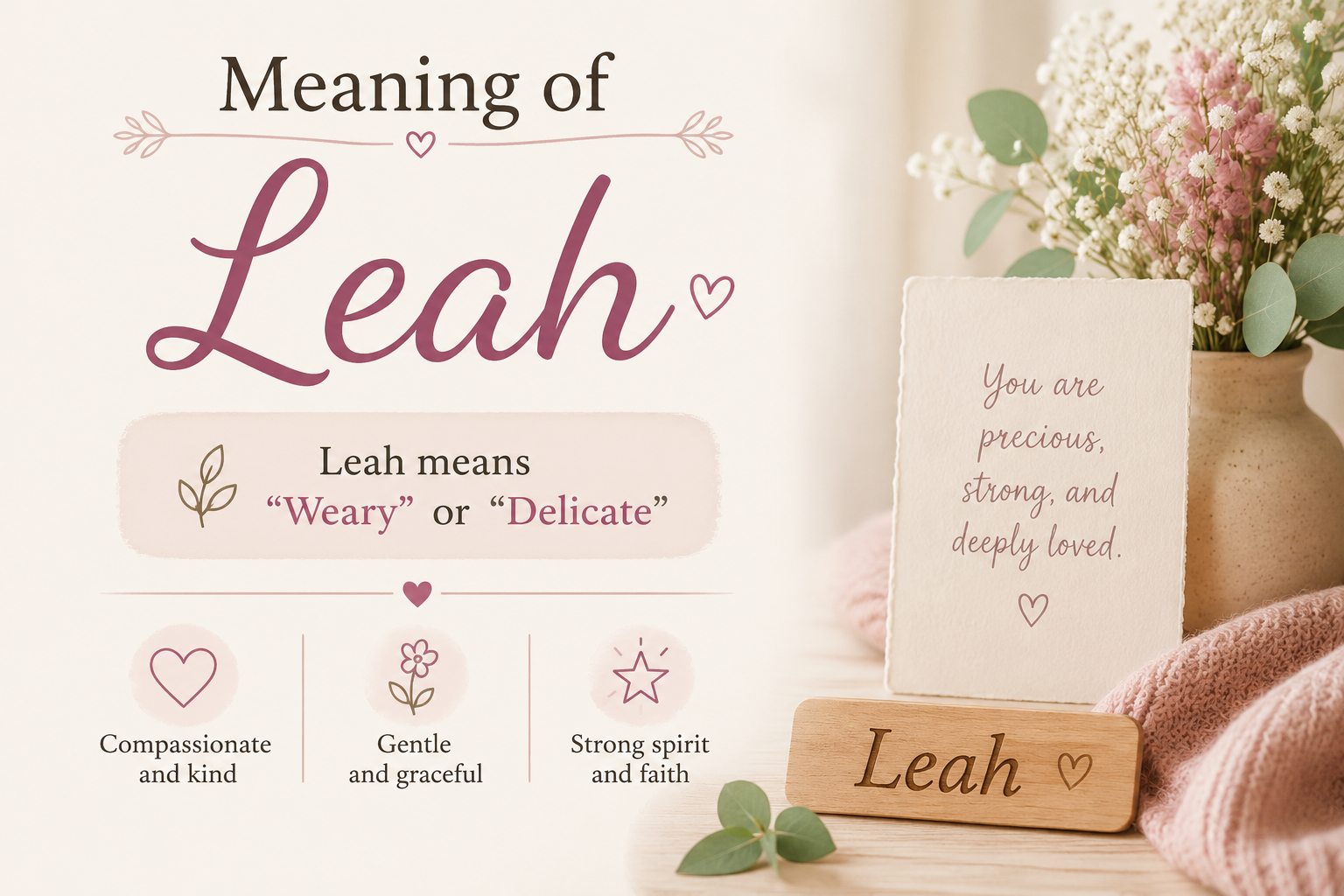 A beautiful and elegant typography-style illustration centered on the name “Leah,” with the title “Meaning of Leah” displayed prominently. Soft floral accents and warm pastel tones surround the name, creating a calm and inviting atmosphere. Decorative elements symbolize grace, beauty, and heritage, while subtle light effects add a gentle, inspirational feel. The design is clean, modern, and suitable for a baby name meaning article, emphasizing the significance and origin of the name Leah.
