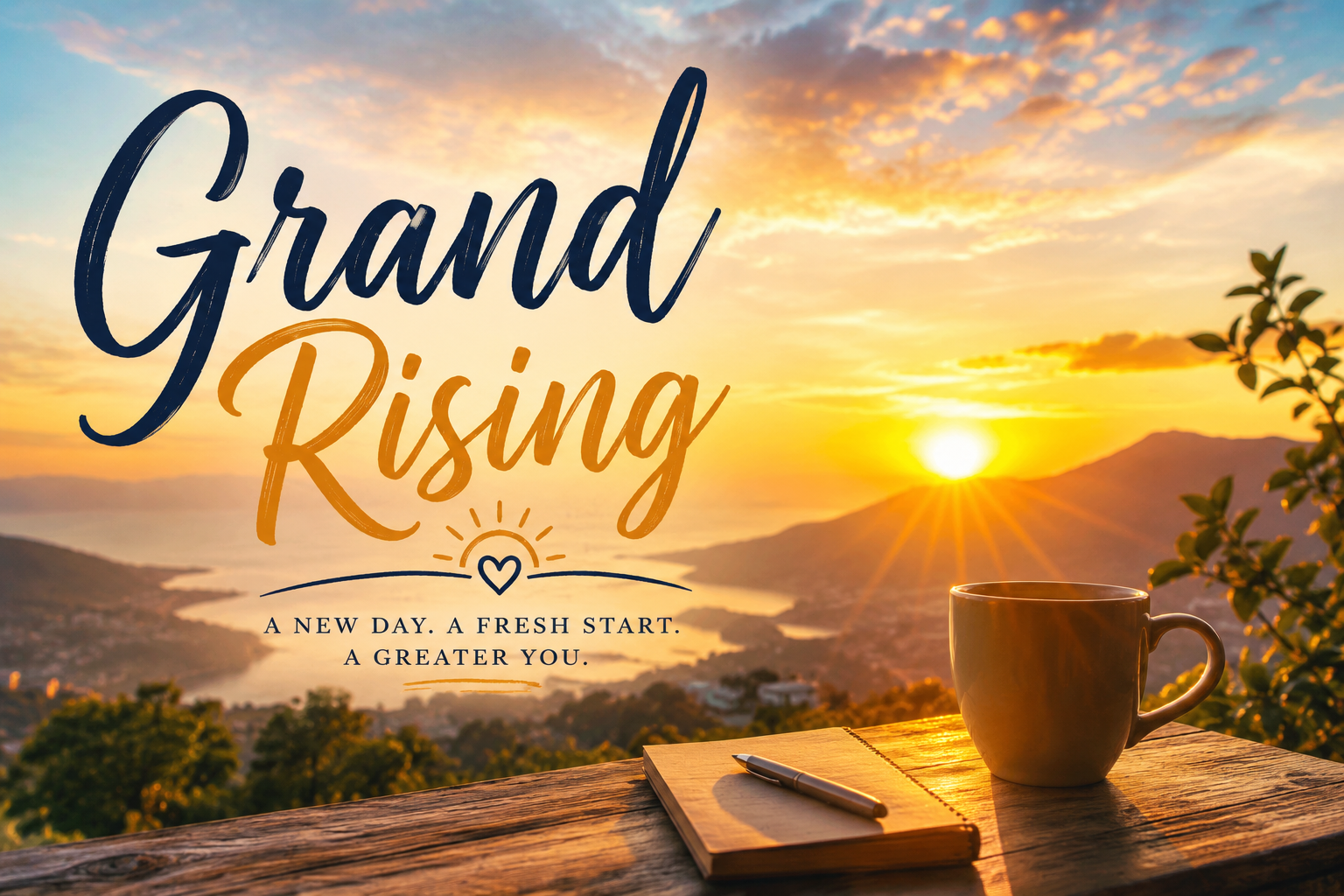 Golden sunrise over a peaceful landscape with warm golden light spreading across the horizon, symbolizing the meaning of Grand Rising. The scene features rolling hills, soft morning mist, and a calm atmosphere that represents a positive start to the day, spiritual awakening, gratitude, and new beginnings. Ideal as a feature image for Grand Rising meaning, morning inspiration, and uplifting daily greetings.