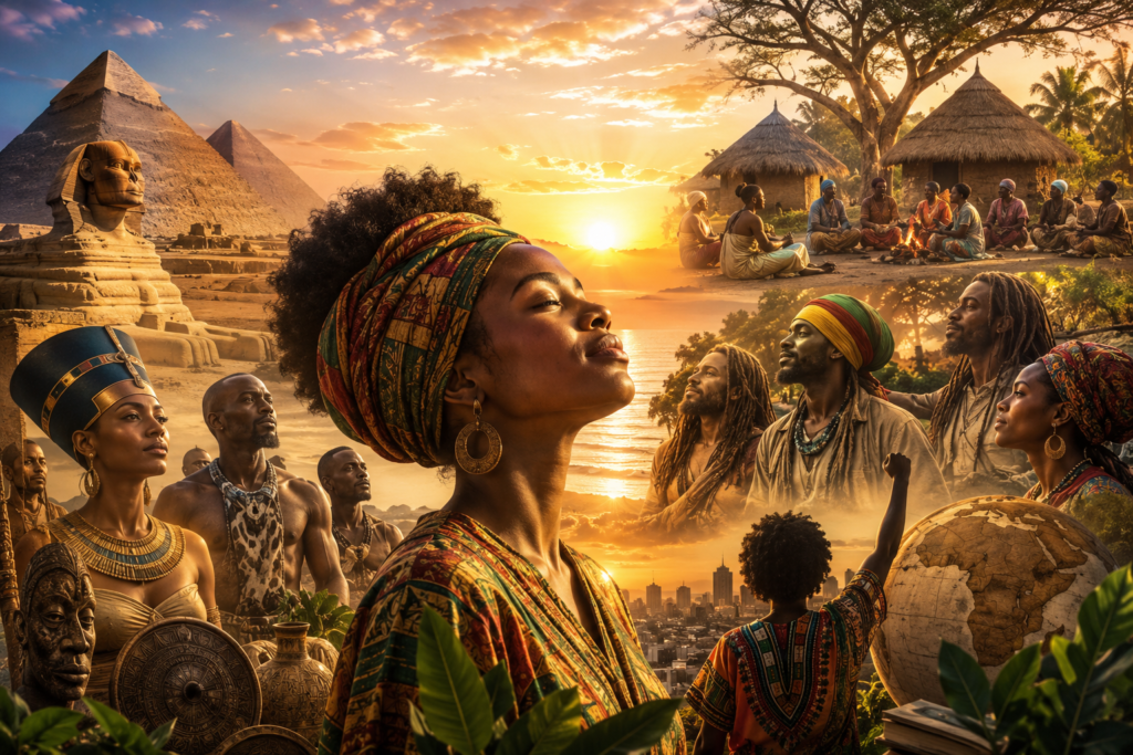 A warm sunrise themed illustration showing a glowing dawn over a landscape that blends ancient history, cultural heritage, and community traditions. The scene features pyramids, traditional villages, diverse people gathered together, symbolic artifacts, and a radiant sunrise in the center, representing the origins, growth, and cultural significance of the phrase “Grand Rising.”