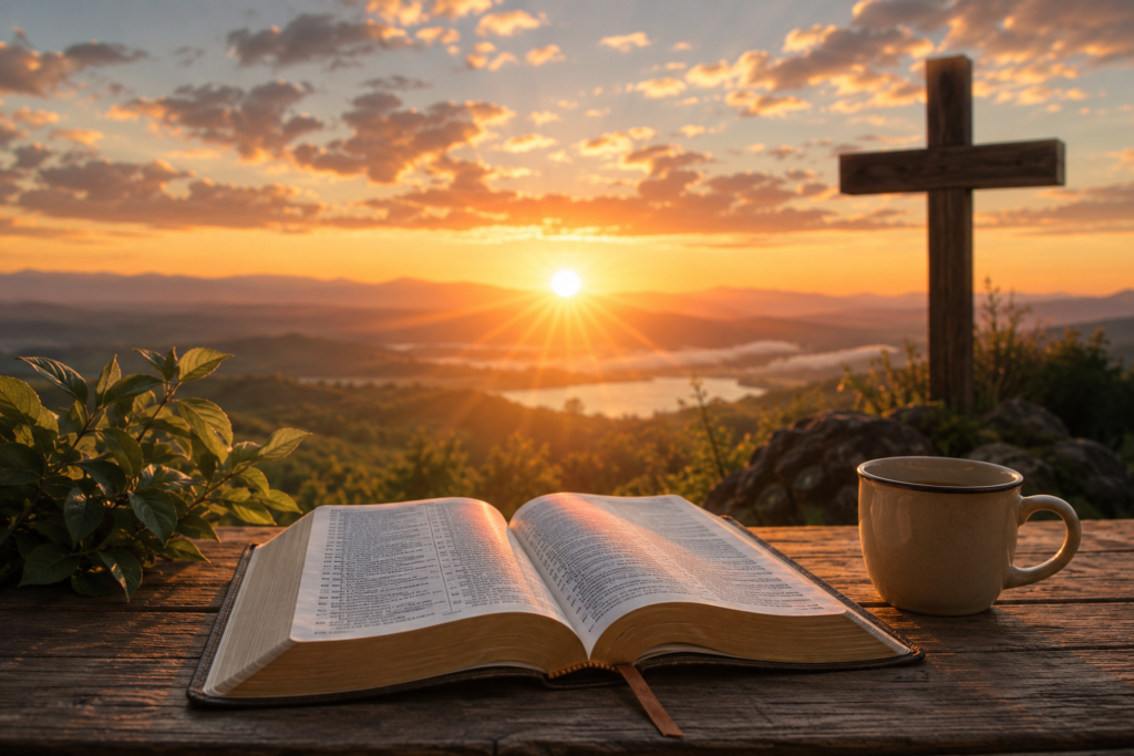 A peaceful sunrise over rolling hills with warm golden light illuminating an open Bible resting on a rustic wooden surface. A person stands in the distance with arms gently raised in gratitude, while soft rays break through the clouds, symbolizing hope, faith, spiritual renewal, and the beginning of a blessed new day. The scene conveys the uplifting spirit of biblical encouragement, morning worship, and God's presence without any visible text.
