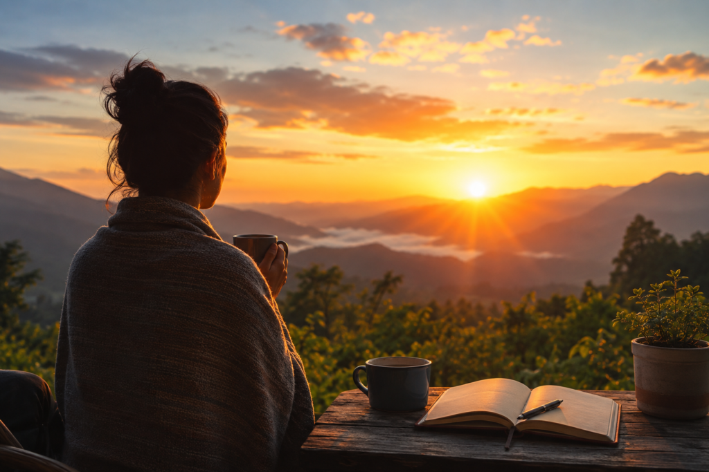 A peaceful sunrise over mist-covered mountains as a person wrapped in a cozy blanket quietly enjoys the morning with a cup of coffee. A rustic wooden table holds an open notebook, another mug, and a small potted plant, creating a reflective and hopeful atmosphere that symbolizes new beginnings, gratitude, and the close of a thoughtful journey.