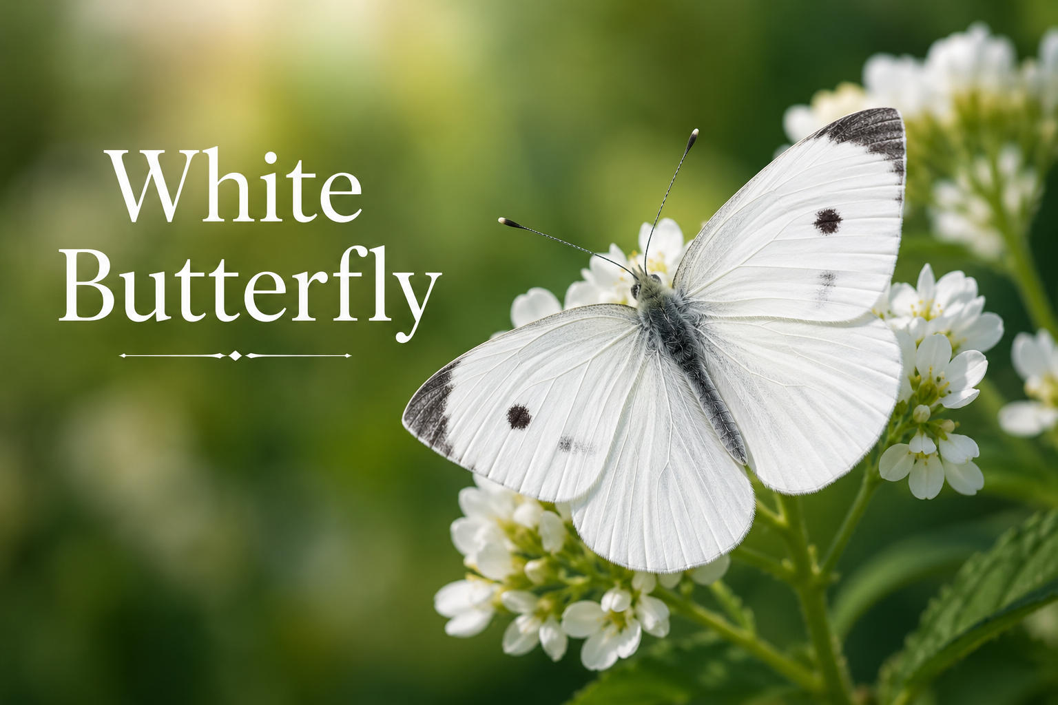 White butterfly perched on small white flowers in a sunlit garden, with a soft green blurred background and delicate natural details creating a peaceful, elegant nature scene.