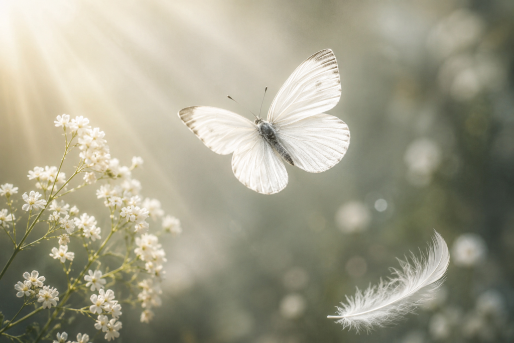 A graceful white butterfly flying through soft golden sunlight above delicate white wildflowers, surrounded by a peaceful, dreamy atmosphere with a floating feather and blurred natural background.