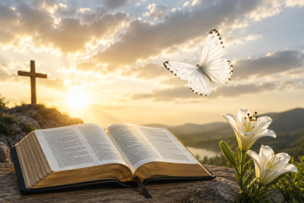 Open Bible prominently displayed in the foreground at sunrise, with a white butterfly hovering above its pages. A wooden cross stands on a rocky hill in the background, while white lilies bloom nearby. Warm golden light fills the peaceful landscape, symbolizing faith, spiritual transformation, hope, and new beginnings.