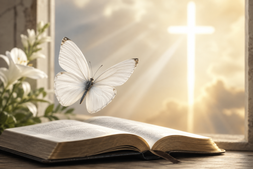 A serene spiritual scene showing an open Bible resting on a wooden surface with a white butterfly hovering gently above it. Warm golden sunlight streams through a nearby window, forming a soft glowing cross-shaped light in the background. White flowers sit to the side, adding a peaceful, devotional atmosphere, with an overall calm and uplifting biblical symbolism.