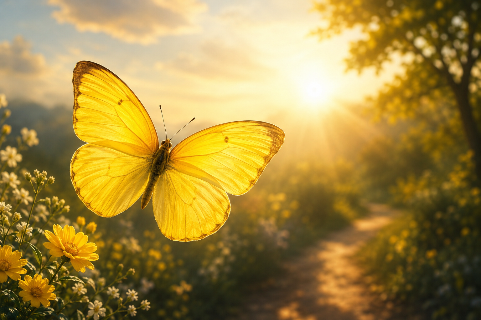 A close-up of a bright yellow butterfly with its wings fully spread, illuminated by warm golden sunlight. The butterfly hovers above yellow and white wildflowers in a peaceful meadow, while a narrow path winds through the softly blurred background. Sun rays stream through nearby trees, creating a serene and uplifting natural scene.