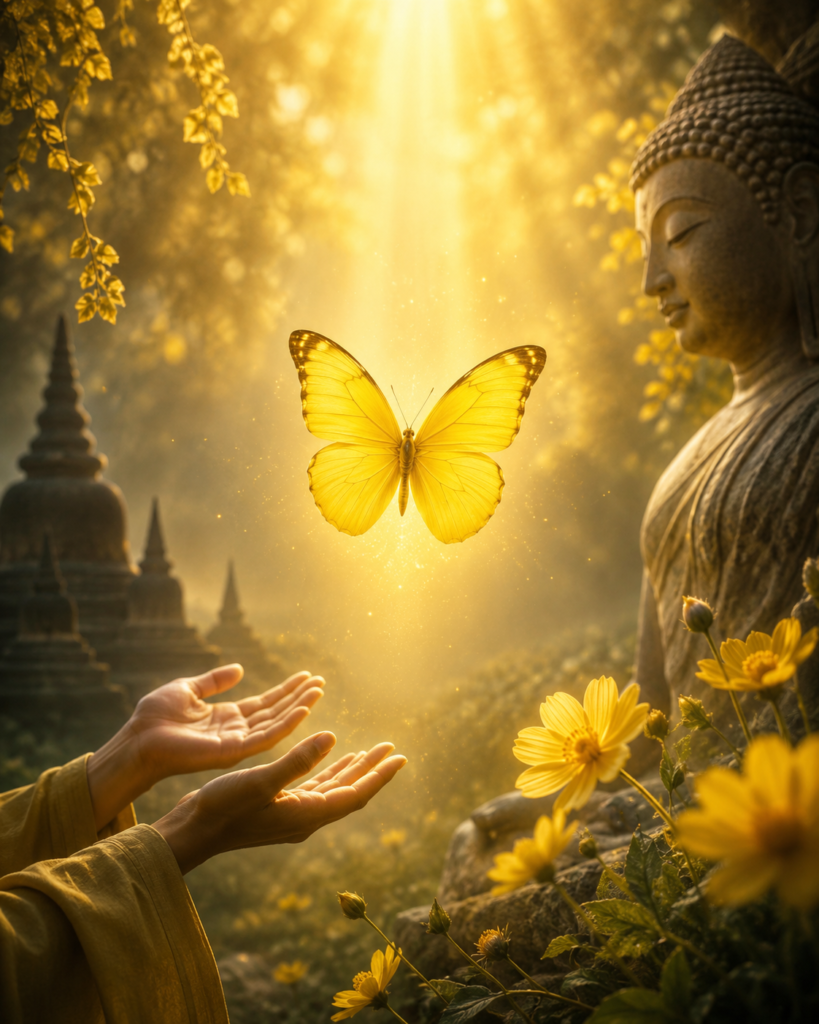 A glowing yellow butterfly floats at the center of a peaceful spiritual scene, illuminated by golden rays of sunlight. A serene stone Buddha statue stands to the right, surrounded by yellow flowers and soft greenery. Gentle sparkles fill the air, creating a mystical atmosphere. In the foreground, open hands are raised toward the butterfly as if in wonder or reflection. The warm golden tones, blurred temple structures in the background, and tranquil natural setting evoke themes of hope, transformation, enlightenment, and spiritual connection.