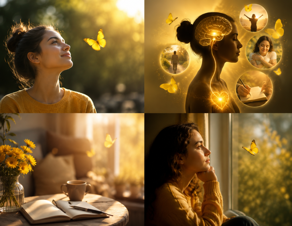 A four-panel collage in warm golden tones explores the psychological associations of yellow butterflies. One panel shows a woman smiling gently as she watches a yellow butterfly in a sunlit natural setting. Another depicts a calm profile silhouette with a glowing brain and heart connected by light, surrounded by butterflies and scenes representing self-reflection, emotional well-being, and personal growth. A third panel features a cozy indoor space with yellow flowers, a notebook, and a cup on a table near a bright window. The final panel shows a woman gazing thoughtfully out a window while a yellow butterfly hovers nearby. Soft sunlight, blurred backgrounds, and golden hues create a peaceful atmosphere symbolizing optimism, mindfulness, reflection, and positive emotional associations.