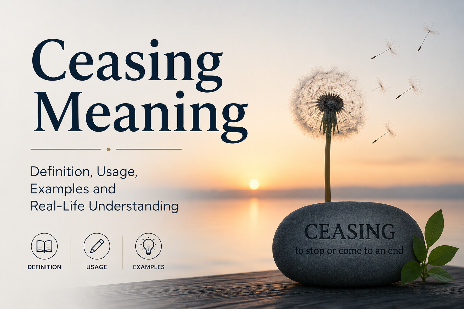 "Feature image for 'Ceasing Meaning' showing a calm sunset over a lake with a dandelion releasing seeds into the air. Large text reads 'Ceasing Meaning,' with supporting text about definition, usage, examples, and real-life understanding. A stone in the foreground displays the definition 'Ceasing – to stop or come to an end,' symbolizing endings, completion, and cessation."