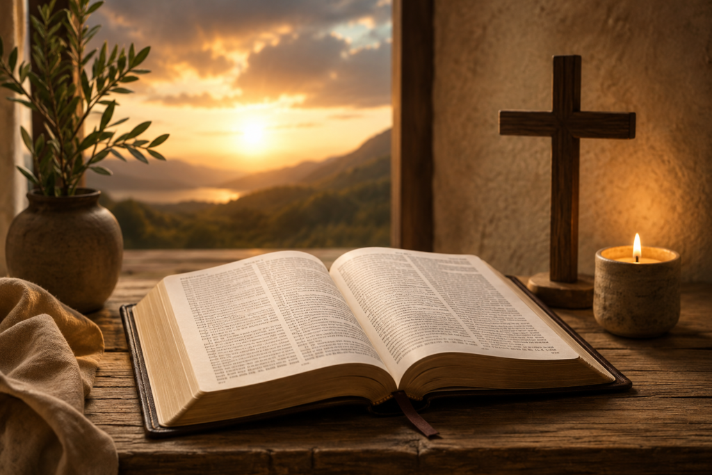 An open Bible rests on a rustic wooden table illuminated by warm golden sunlight. A lit candle glows beside a simple wooden cross, while a vase with leafy branches sits nearby. In the background, a serene landscape of rolling hills and a distant lake is visible through a window at sunset, creating a peaceful and reflective atmosphere.