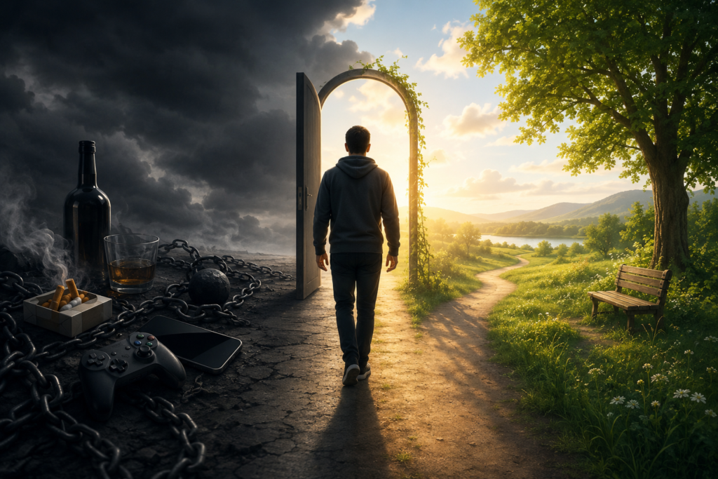 A symbolic split-scene illustration shows a person walking through an open doorway from a dark, stormy environment into a bright, peaceful landscape. On the left, heavy chains, a bottle, a glass of alcohol, cigarettes, a smartphone, and a game controller rest on cracked ground beneath ominous clouds, representing unhealthy habits and restriction. On the right, sunlight illuminates a winding path through green fields, trees, flowers, and distant hills, symbolizing freedom, recovery, and personal growth. The figure stands at the center, moving toward the brighter future.

I prefer this response