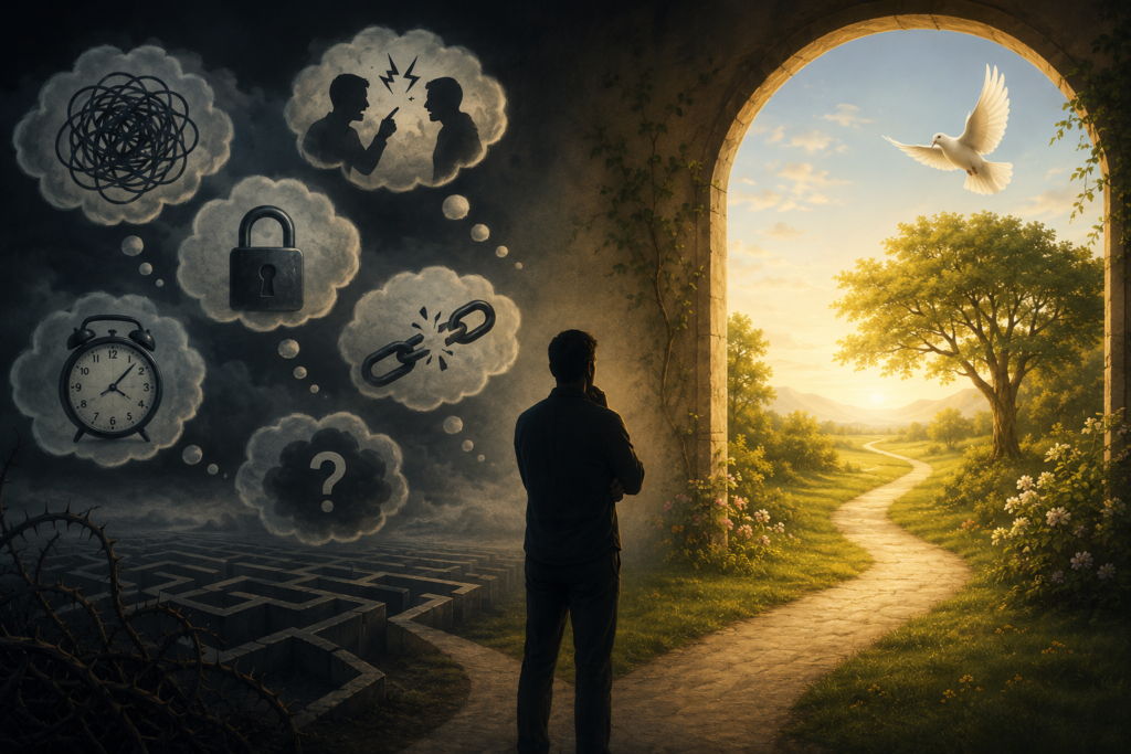 A symbolic digital illustration shows a solitary person standing at a crossroads between two contrasting worlds. On the left, a dark, foggy landscape contains a maze and floating thought-clouds filled with symbols of confusion, conflict, uncertainty, restriction, urgency, and broken connections. On the right, a sunlit countryside stretches through an arched opening, featuring a winding path, flowering greenery, a large tree, and a white dove in flight. The figure faces the bright landscape, suggesting a choice between remaining in confusion and moving toward clarity, freedom, and peace.