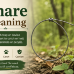 Snare Meaning infographic featuring a wire loop snare trap attached to a tree in a forest, with the definition of snare as a trap or device used to catch or hold animals or people. Educational design with icons representing trap, catch, and caution.