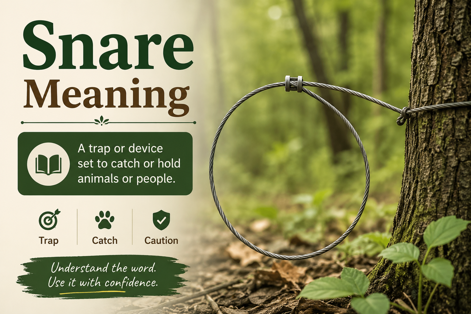 Snare Meaning infographic featuring a wire loop snare trap attached to a tree in a forest, with the definition of snare as a trap or device used to catch or hold animals or people. Educational design with icons representing trap, catch, and caution.