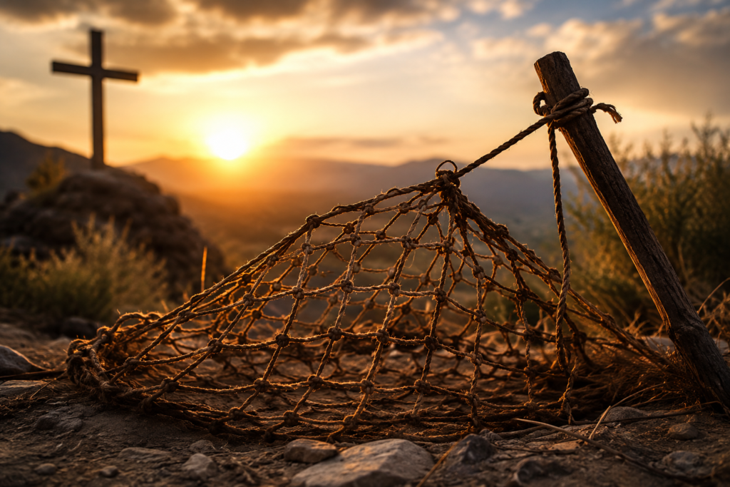 A weathered rope snare lies on rocky ground in the foreground, illuminated by the warm glow of a setting sun. In the distance, a wooden cross stands silhouetted on a hill against a backdrop of hazy mountains and golden clouds. The shallow depth of field keeps the snare in sharp focus while the cross remains softly blurred, creating a symbolic contrast between entrapment and spiritual hope.