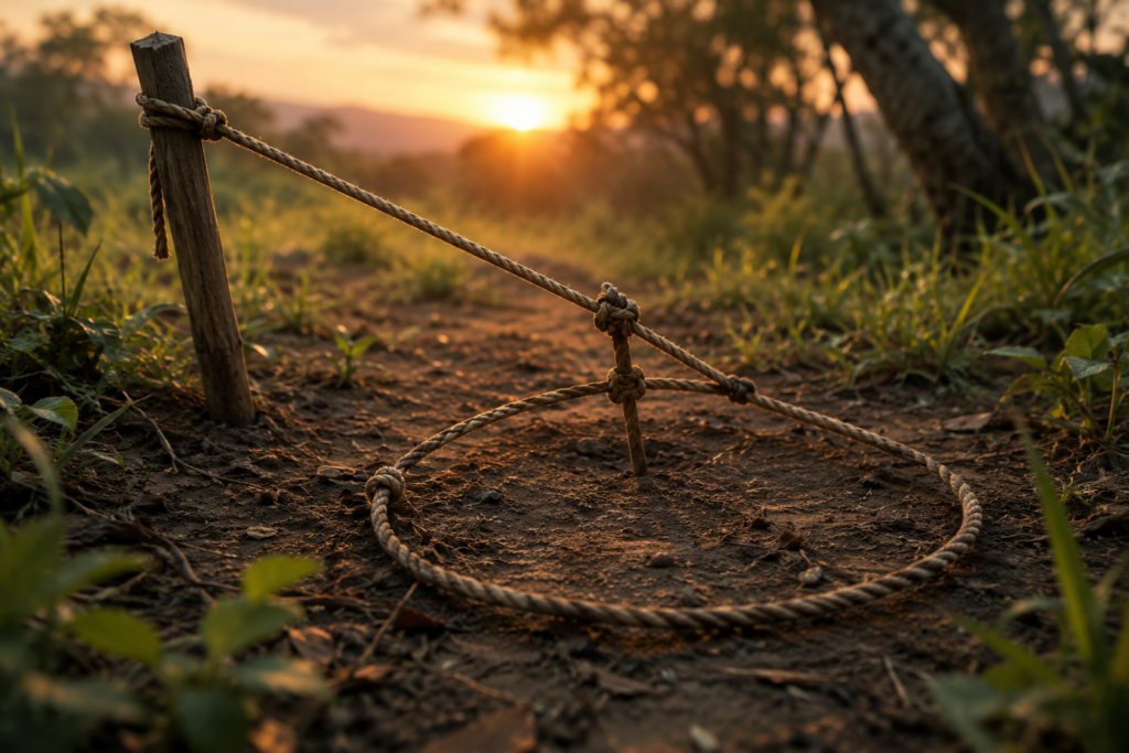 A realistic rope snare is set on a dirt path in a natural outdoor setting at sunset. The loop of the snare lies open on the ground, attached to weathered wooden stakes by tightly knotted rope. Warm golden sunlight shines through blurred trees and vegetation in the background, creating a calm yet cautionary atmosphere. The foreground is sharply focused, highlighting the texture of the rope, soil, and surrounding grass.