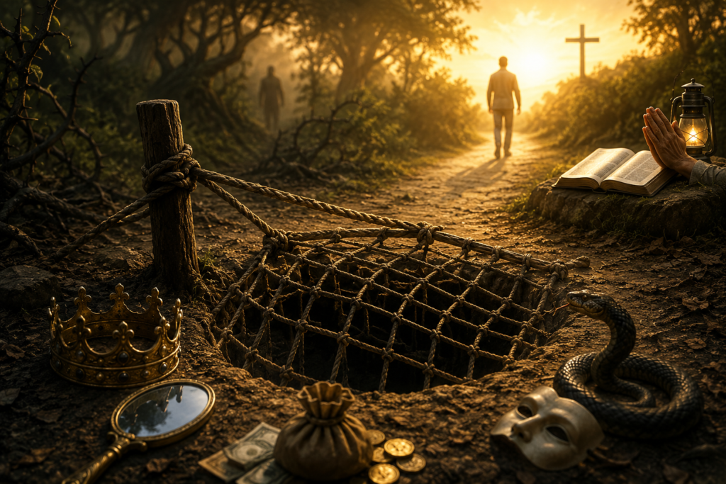 A symbolic spiritual scene shows a forest path illuminated by golden sunlight. In the foreground, a hidden pit trap covered with rope netting sits in the middle of the path, representing unseen dangers. Around the trap are symbolic objects including a crown, mirror, coins, a snake, and a theatrical mask, suggesting pride, vanity, greed, deception, and temptation. On one side, an open Bible, a lantern, and praying hands symbolize faith, wisdom, and guidance. In the distance, a lone figure walks toward a bright horizon where a cross stands, representing a journey toward God and protection from spiritual pitfalls. The atmosphere is dramatic, reflective, and hopeful.