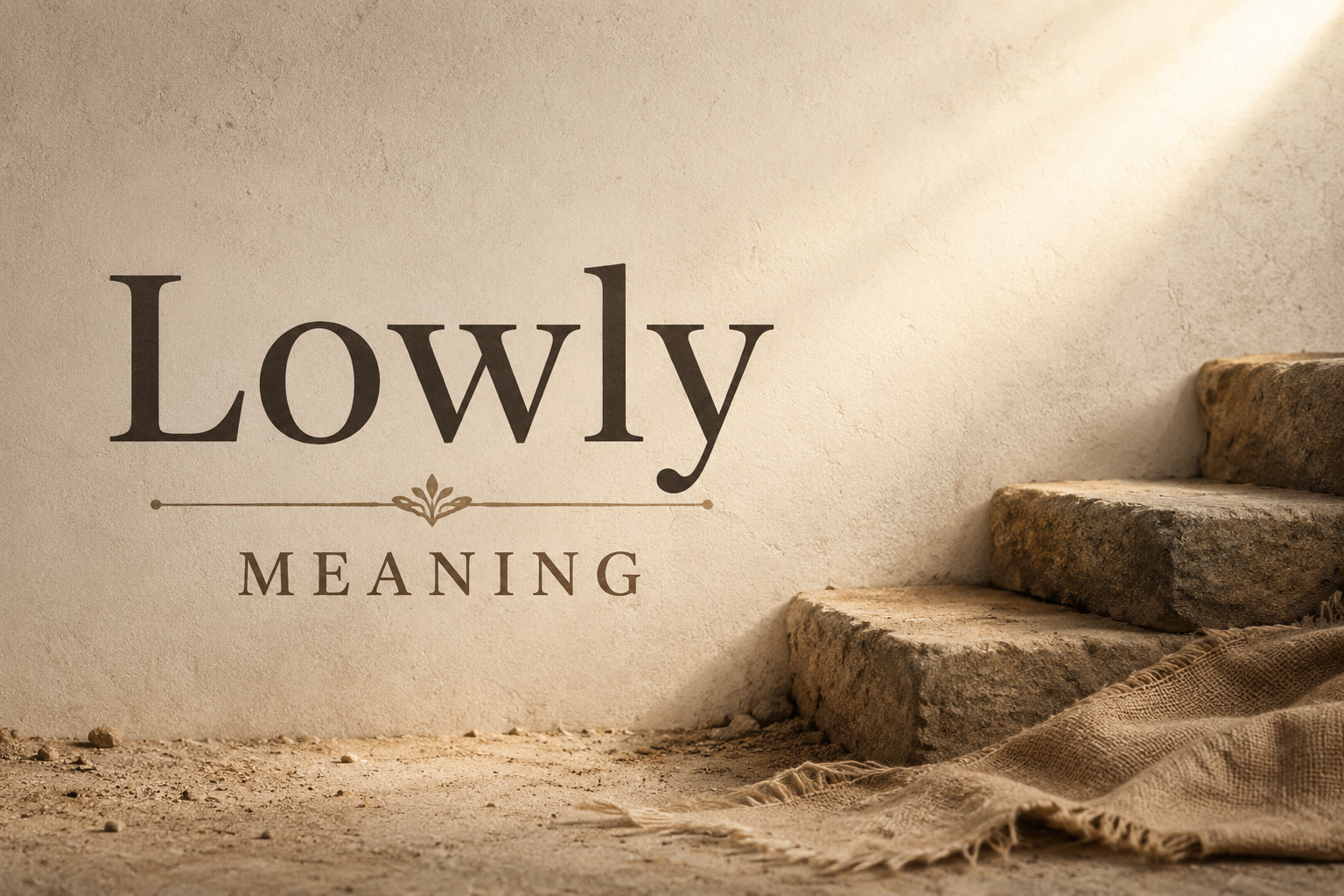 "Feature image for the word 'Lowly Meaning' showing the text 'Lowly Meaning' in a large elegant serif font on a textured beige background. Rustic stone steps and a piece of worn burlap fabric appear on the right side, illuminated by soft warm sunlight, creating a humble, simple, and modest visual atmosphere."