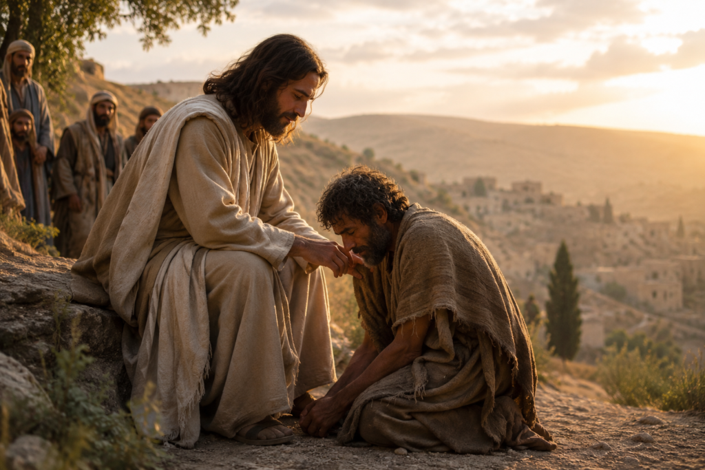 A warm, golden-hour biblical scene showing a humble man kneeling on a rocky hillside while a compassionate robed figure gently reaches toward him. Several people stand quietly in the background, watching. Soft sunlight illuminates the figures, with a rustic village and rolling hills stretching into the distance, conveying themes of humility, mercy, and dignity.