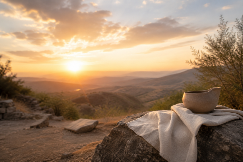 A peaceful sunrise over rolling hills and distant mountains, bathed in warm golden light. In the foreground, a simple clay vessel rests on a rough stone draped with a plain linen cloth. The sparse, natural landscape and modest objects create a quiet atmosphere of humility, simplicity, and reverence, symbolizing the biblical perspective of lowliness without depicting any people or text.