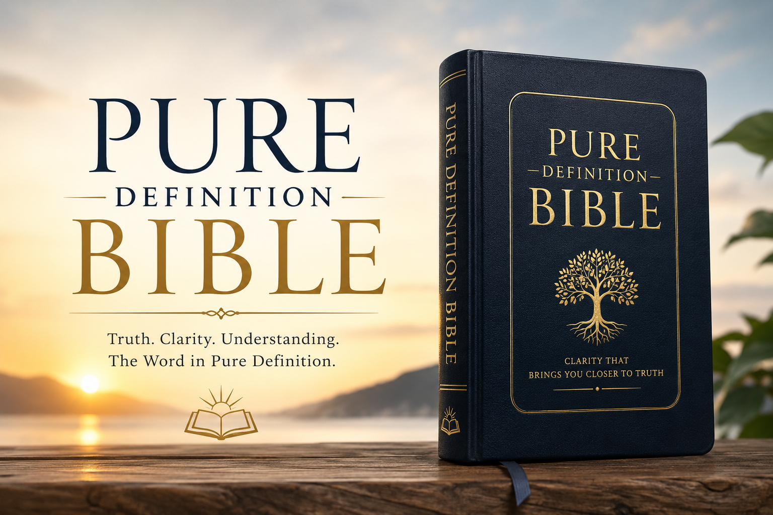 A professional feature image for a blog or article titled “Pure Definition Bible,” showing a beautifully designed leather-bound Bible on a wooden surface at sunrise, with warm golden lighting and a serene background. Large elegant typography displays “PURE DEFINITION BIBLE” alongside a subtitle emphasizing truth, clarity, and understanding, creating a spiritual and inspirational tone.