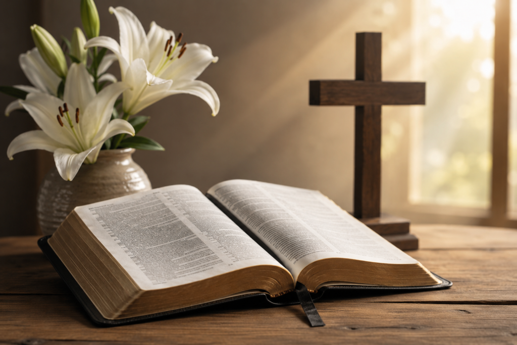 A serene, symbolic illustration representing purity in biblical teaching, featuring an open Bible glowing with soft light, surrounded by gentle natural elements like white lilies, soft rays of sunlight, and a peaceful, reverent atmosphere conveying spiritual clarity and holiness.