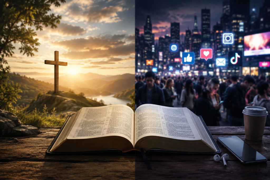 Open Bible placed between two contrasting worlds: a peaceful landscape with a wooden cross and golden sunrise on one side, and a modern city filled with digital screens, smartphones, and social media symbols on the other. The image visually contrasts biblical purity and faith-centered values with the distractions and influences of contemporary culture.