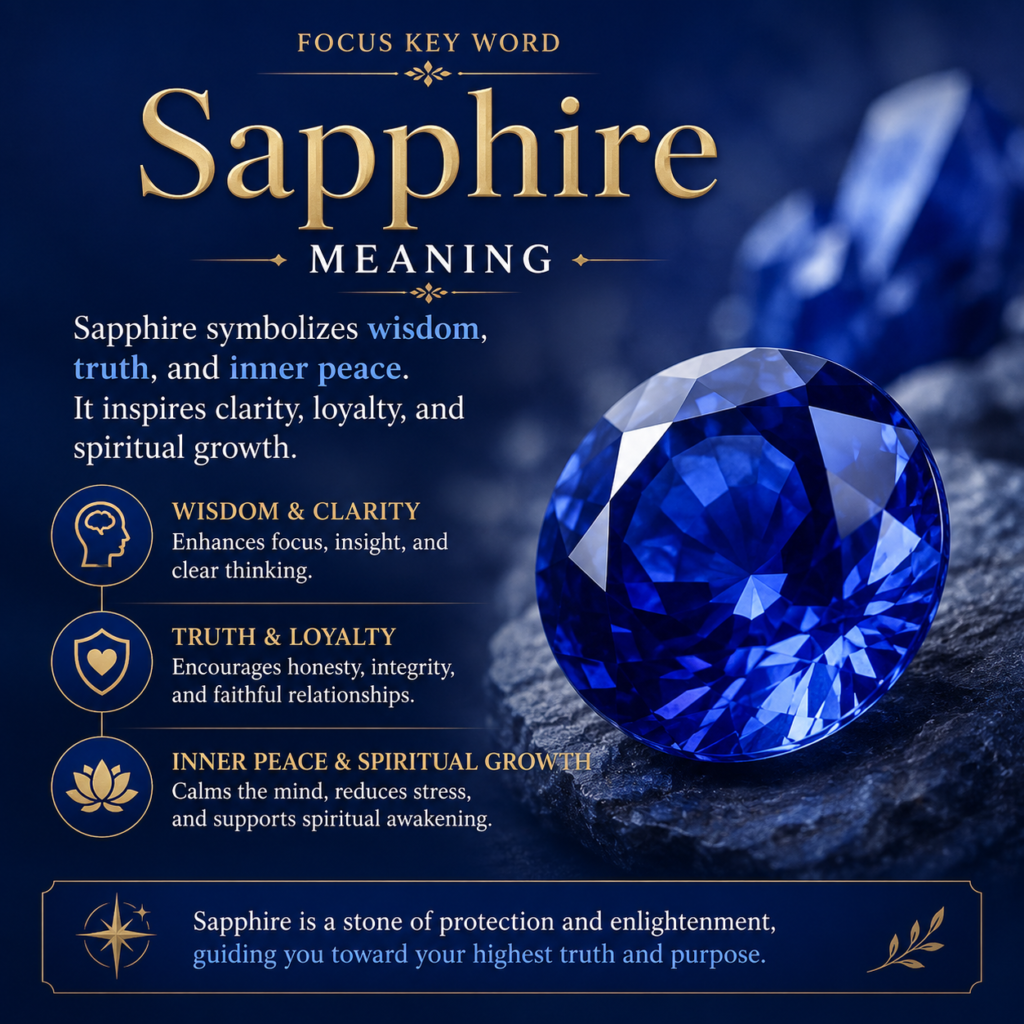A vivid blue sapphire rests on a weathered stone beside an ancient scroll and a large leather-bound Bible. In the softly lit background, golden temple columns, a jeweled priestly garment, and a distant biblical city create a reverent atmosphere, symbolizing the sapphire's significance in biblical references and sacred history.