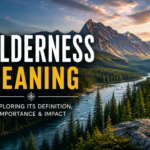 A dramatic wilderness landscape featuring towering mountains, a winding river, dense evergreen forests, and rocky terrain under a glowing sunrise sky. Large bold text reading “Wilderness Meaning” appears prominently over the scenic background, creating a visually engaging feature image for a biblical or educational article about the meaning of wilderness.