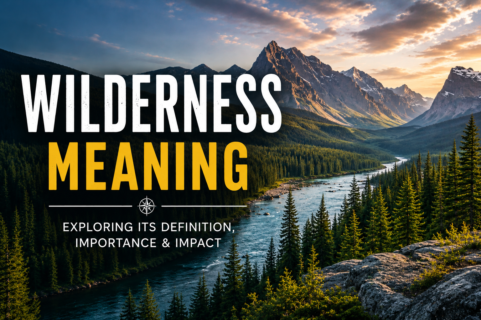 A dramatic wilderness landscape featuring towering mountains, a winding river, dense evergreen forests, and rocky terrain under a glowing sunrise sky. Large bold text reading “Wilderness Meaning” appears prominently over the scenic background, creating a visually engaging feature image for a biblical or educational article about the meaning of wilderness.