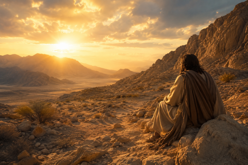 Vast biblical-style wilderness landscape at sunrise featuring rugged desert mountains, rocky terrain, and warm golden light stretching across a remote valley, symbolizing reflection, faith, testing, and spiritual journey.