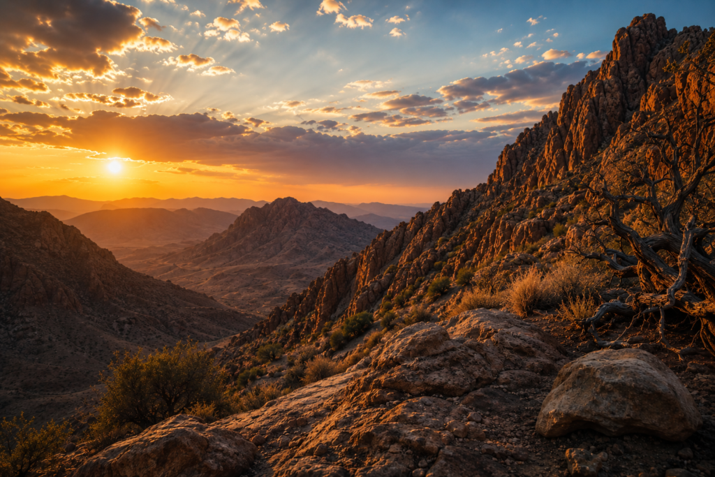 Golden sunset over a rugged wilderness landscape with rocky mountains, desert valleys, and a weathered tree in the foreground. Dramatic sun rays break through scattered clouds, casting warm light across the barren terrain and creating a peaceful, contemplative atmosphere.