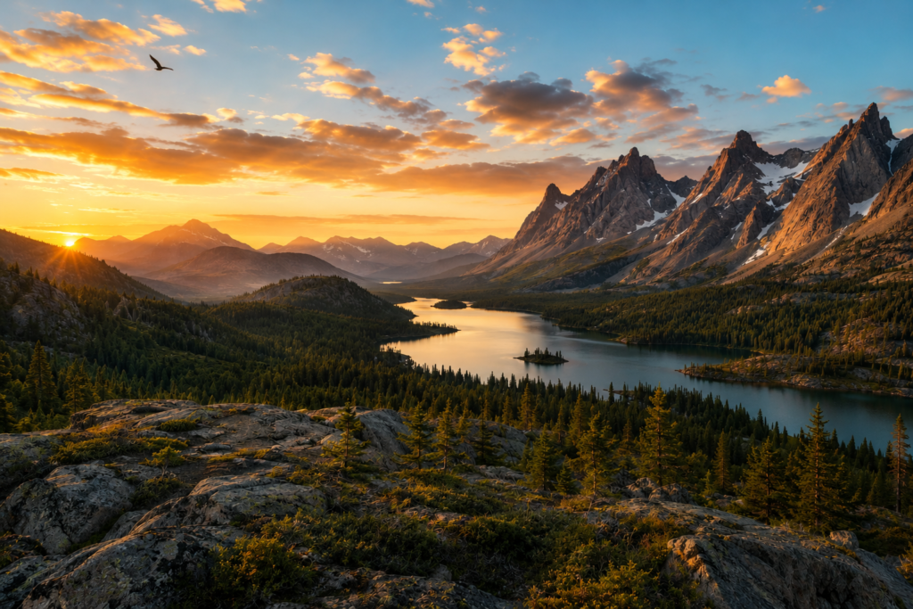 Panoramic wilderness landscape at sunset featuring rugged mountain peaks, a winding reflective lake, dense evergreen forests, rocky foreground terrain, and glowing golden clouds across a tranquil evening sky.