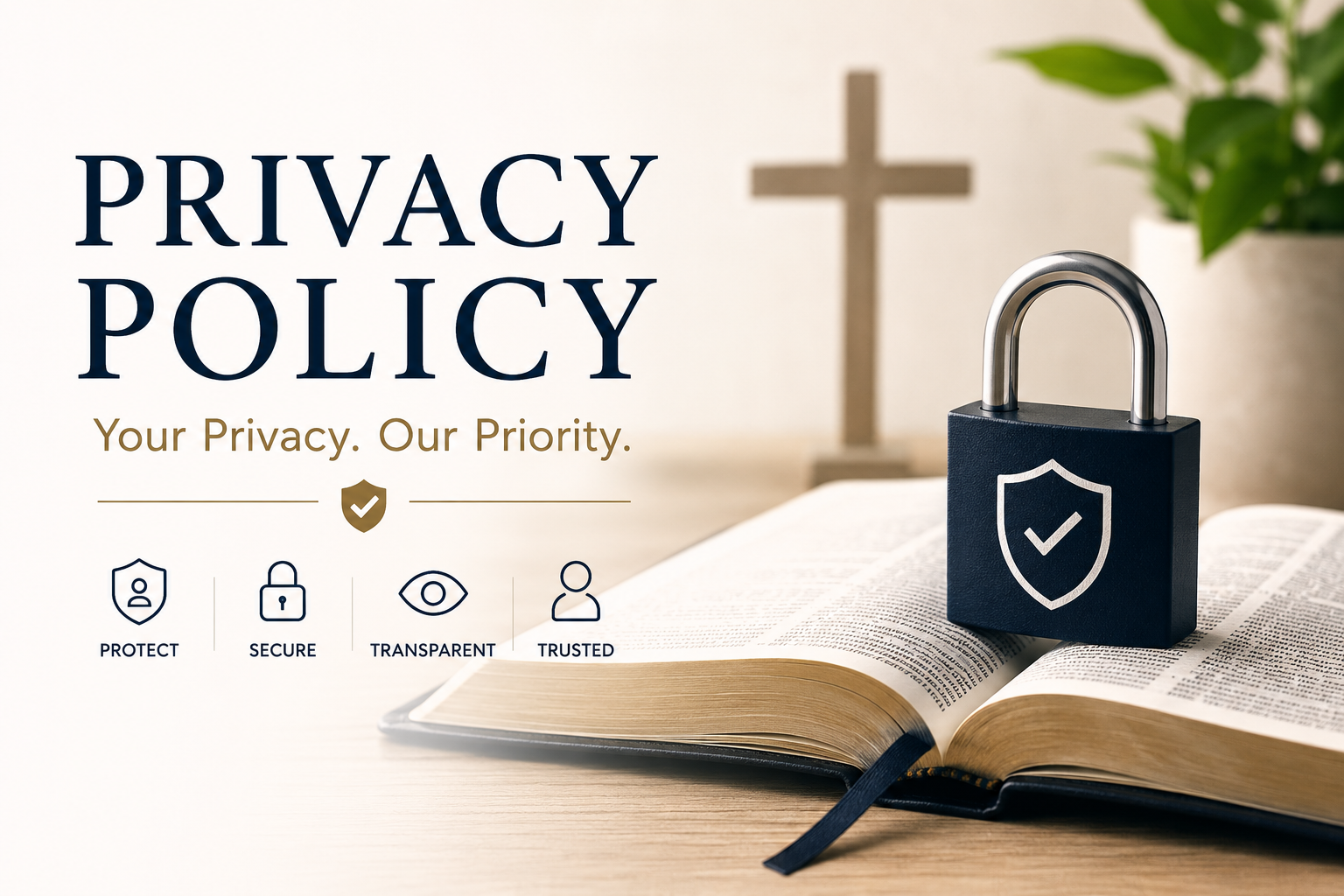 Open Bible with a secure padlock and cross in the background, symbolizing privacy protection, data security, and trust for a Christian faith-based website privacy policy page.