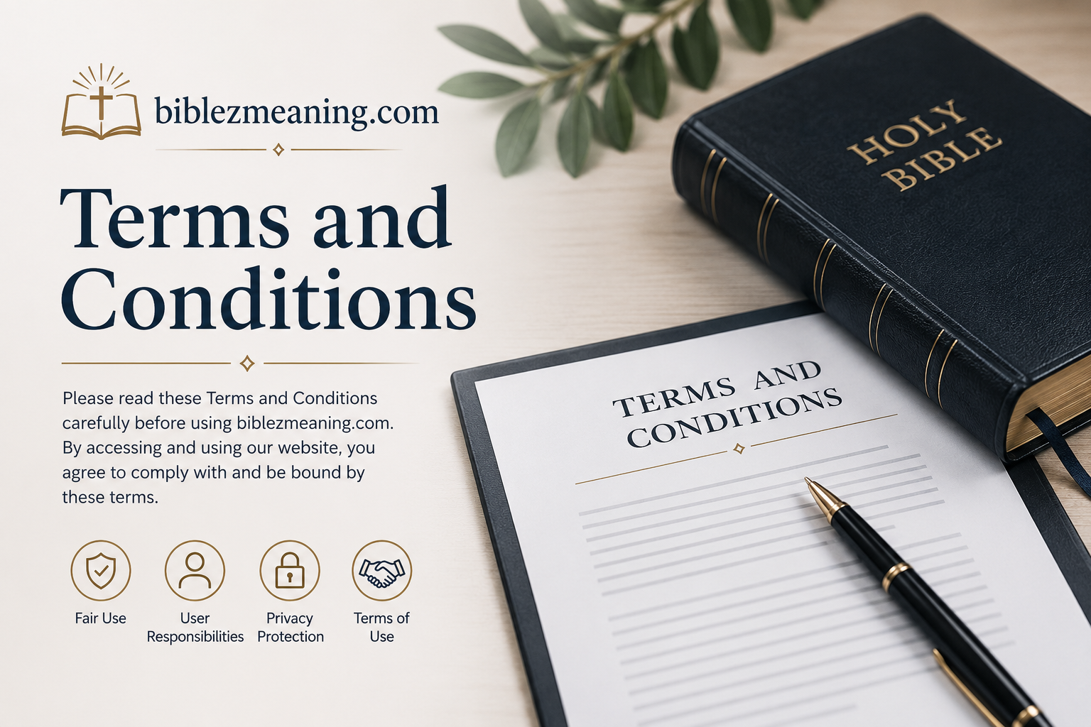 Professional Terms and Conditions feature image for BiblezMeaning.com showing an open legal document with a pen beside a Holy Bible on a clean desk, symbolizing website policies, user responsibilities, privacy protection, and terms of use in a faith-based online environment.