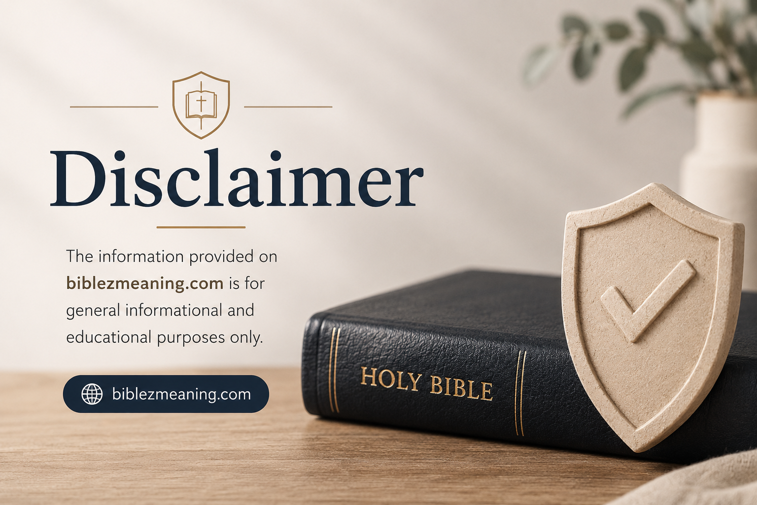 Feature image for the BiblezMeaning.com Disclaimer page showing a Holy Bible on a wooden surface beside a protective shield symbol, representing informational guidance, transparency, and responsibility. The design uses soft neutral tones with a clean, professional layout suitable for a faith-based website disclaimer section.