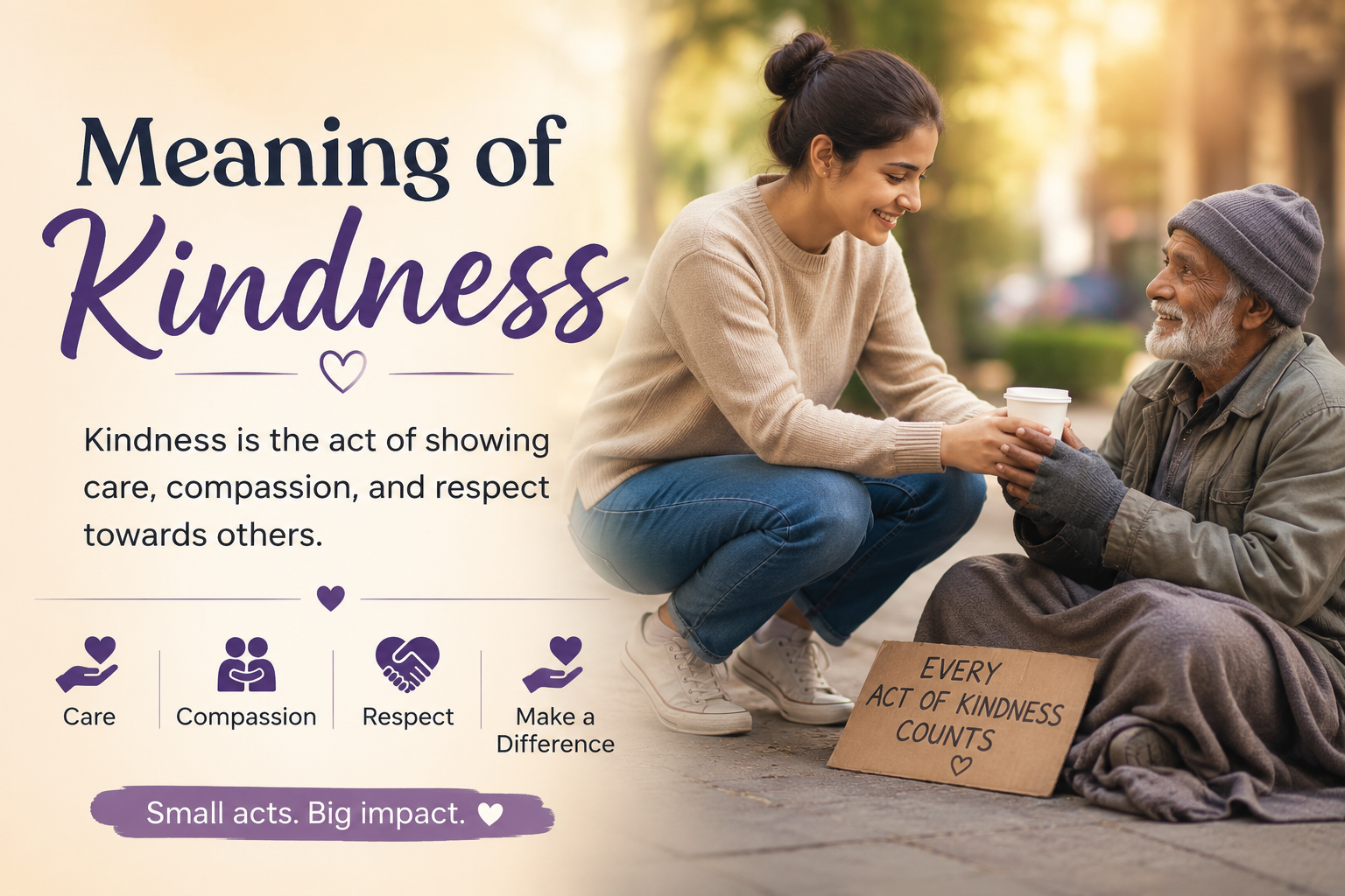 "Meaning of Kindness featured image showing a young woman offering help and care to an elderly man, with text explaining kindness as an act of compassion, respect, and care toward others."