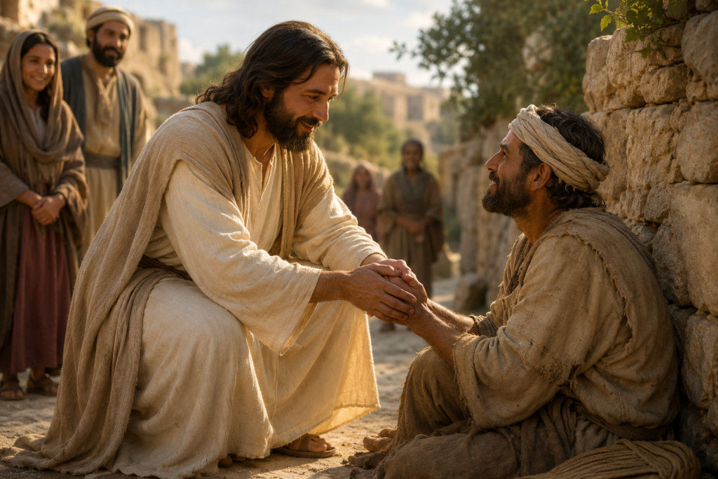 A compassionate biblical scene showing a man in ancient robes offering comfort and kindness to another person in a village setting, symbolizing love, mercy, and the biblical meaning of kindness.