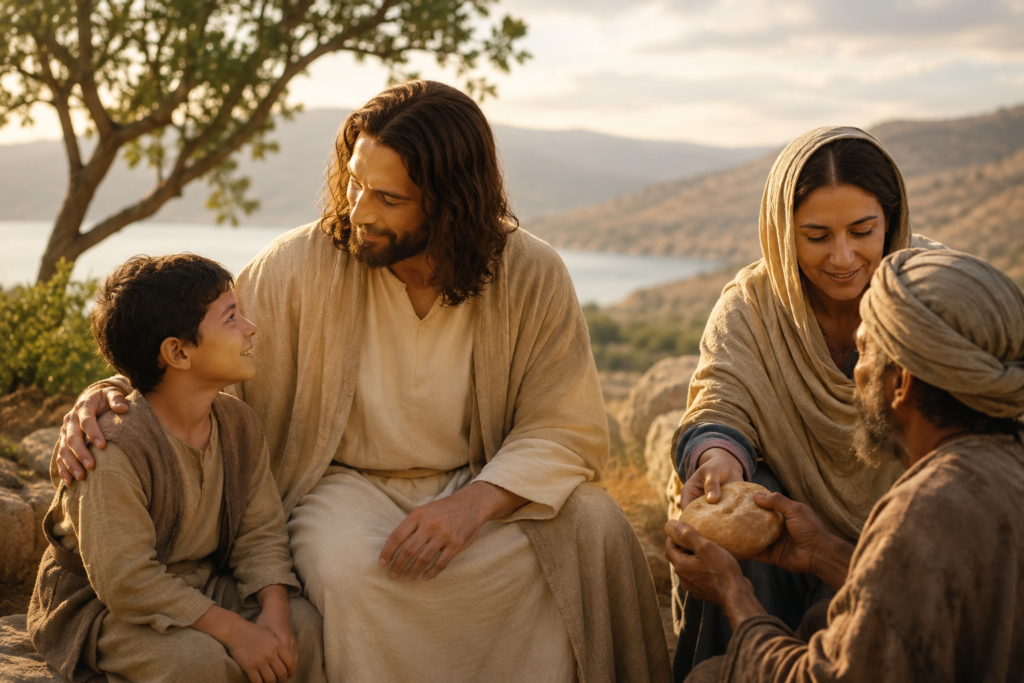A warm, peaceful biblical scene showing acts of kindness as people compassionately help and care for one another in a sunlit countryside with gentle hills, trees, and a calm lake in the background.
