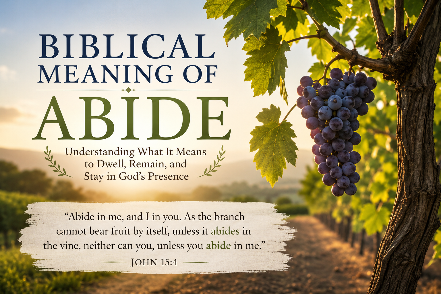 Golden sunlight shines over a lush vineyard with healthy grapevines stretching into the distance, symbolizing spiritual growth, faithfulness, and remaining connected to God. The peaceful landscape features vibrant green leaves, ripe purple grapes, and a warm, tranquil atmosphere, making it an ideal featured image for the topic Biblical Meaning of Abide.