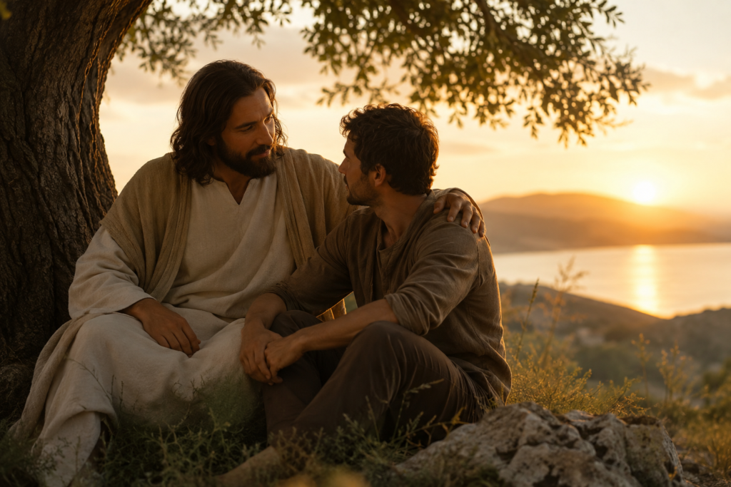 A peaceful biblical-inspired scene of a teacher and disciple sitting beneath a large tree at sunset, symbolizing abiding in faith, trust, and a deep spiritual relationship with God.