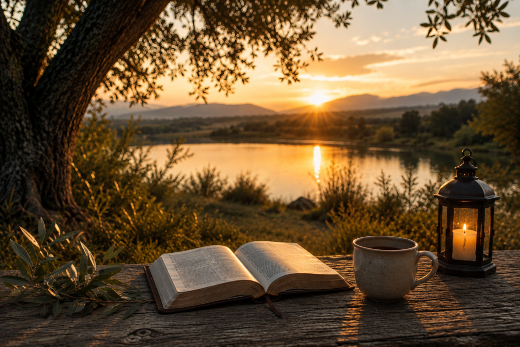 Open Bible, ceramic mug, and lit lantern on a rustic wooden table overlooking a peaceful lake at golden sunset, with a large tree framing the scene and distant mountains in the background.