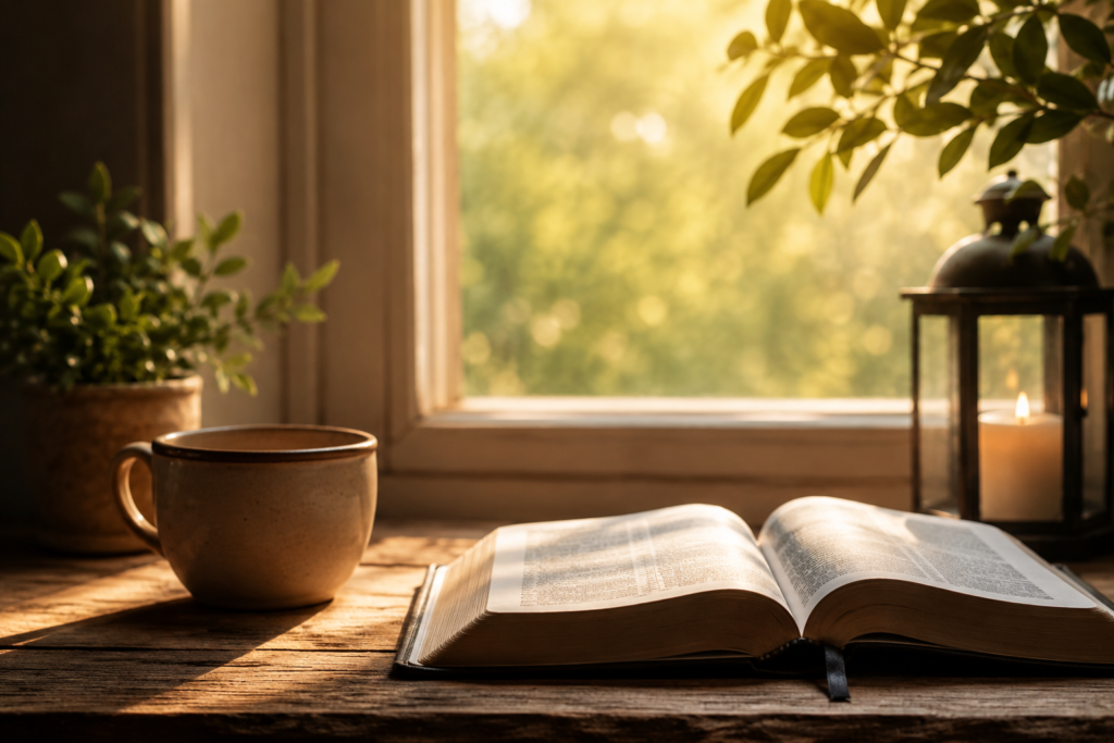Open Bible resting on a rustic wooden table beside a warm cup and glowing candle, illuminated by soft morning sunlight streaming through a window with green plants, creating a peaceful and reflective atmosphere.