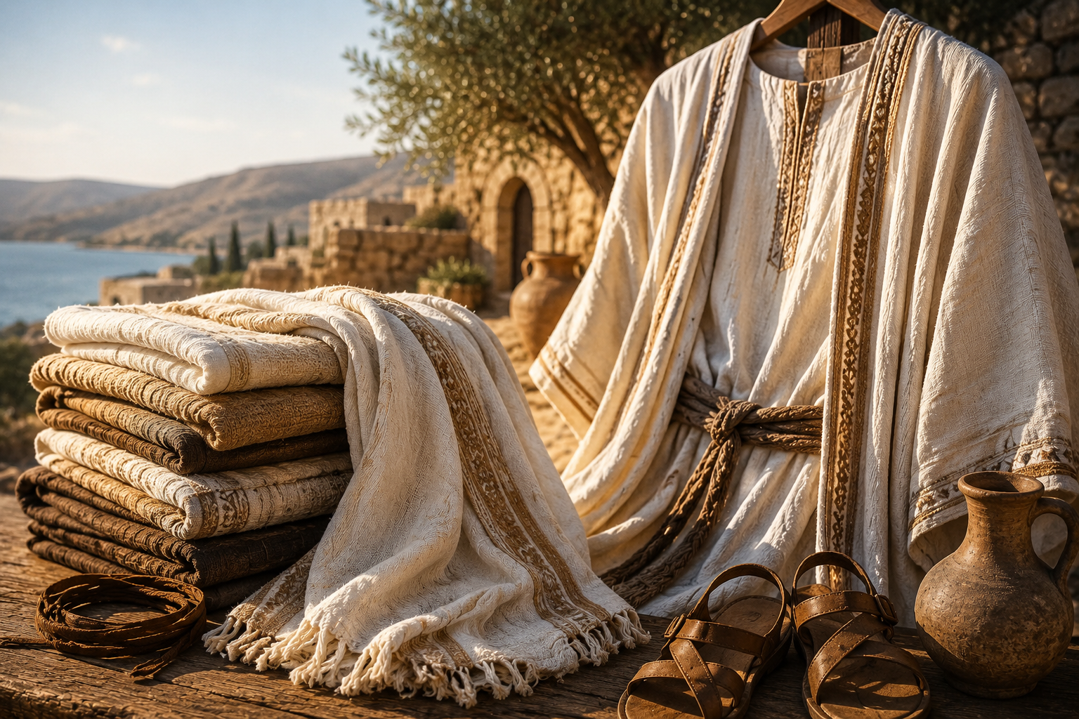 Ancient biblical clothing and white garments displayed on a rustic table with folded fabrics, robe, sandals, and pottery in a warm Mediterranean setting representing the meaning of raiment in the Bible.