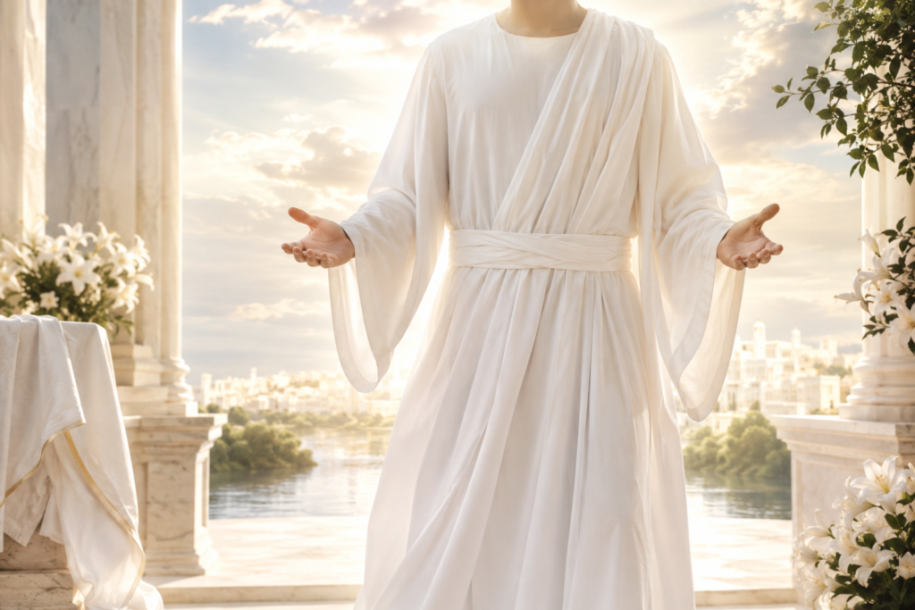 A person wearing a flowing white robe standing in a peaceful heavenly setting with soft sunlight, white flowers, clouds, and a spiritual atmosphere symbolizing purity and righteousness.