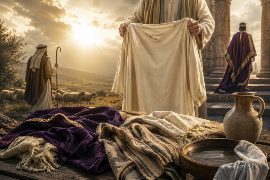 Ancient biblical scene showing a person holding a white garment with flowing robes, a shepherd with sheep in the background, stone pillars, traditional fabrics, and a warm sunset landscape symbolizing the spiritual meaning and significance of raiment in the Bible.